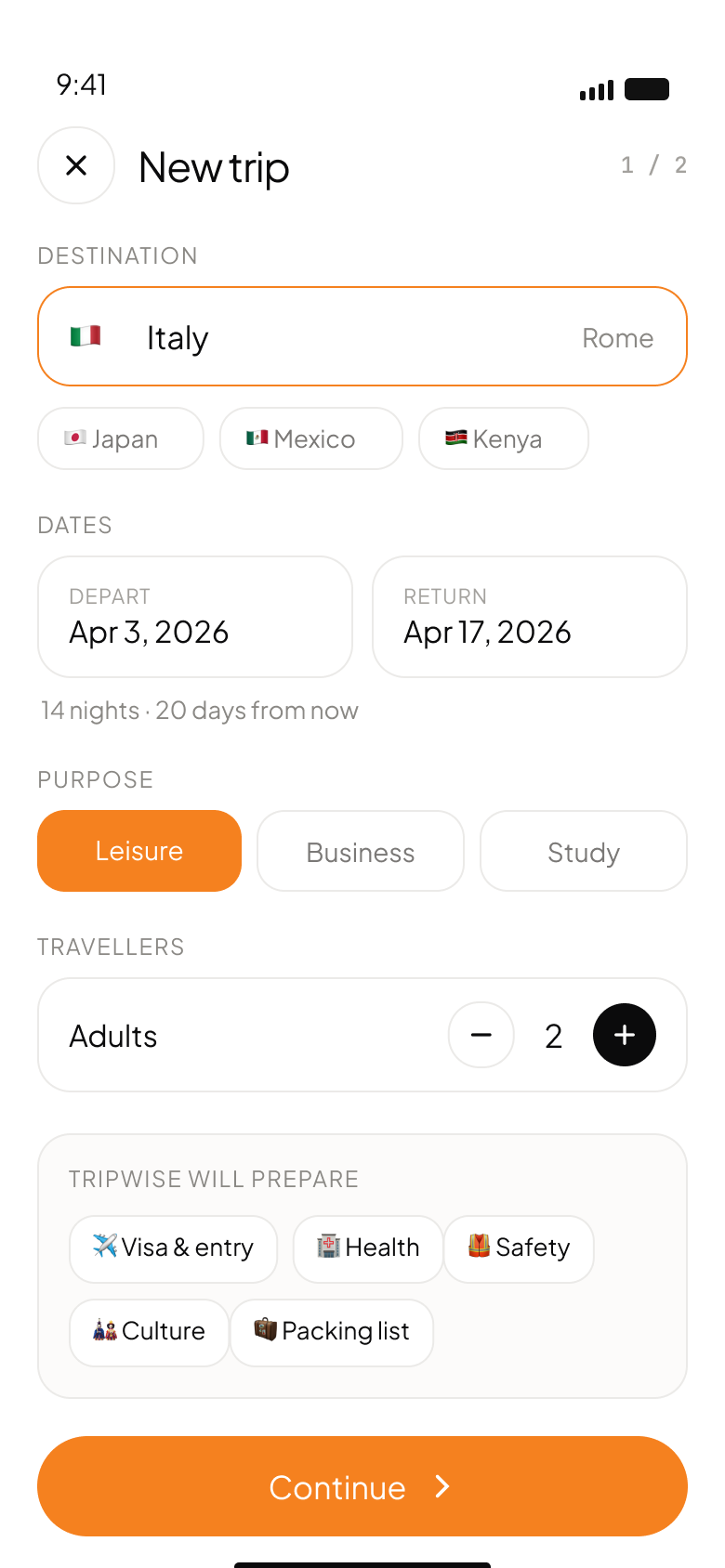 New trip, what TripWise will prepare